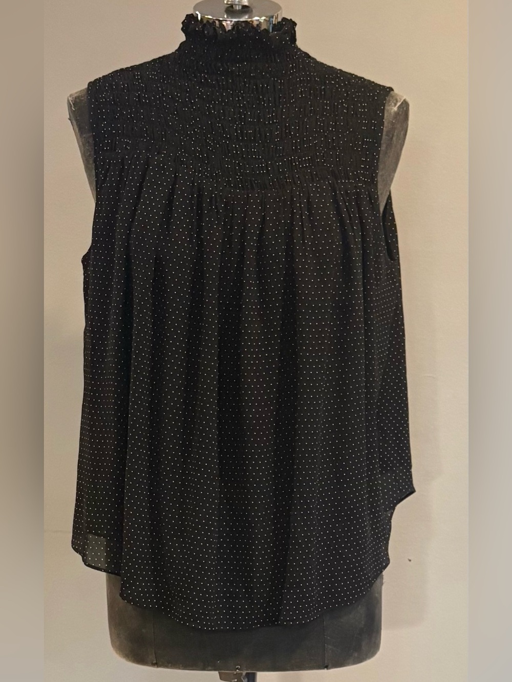 Frame Denim Black Sleeveless Smocked Neck Dot Blouse